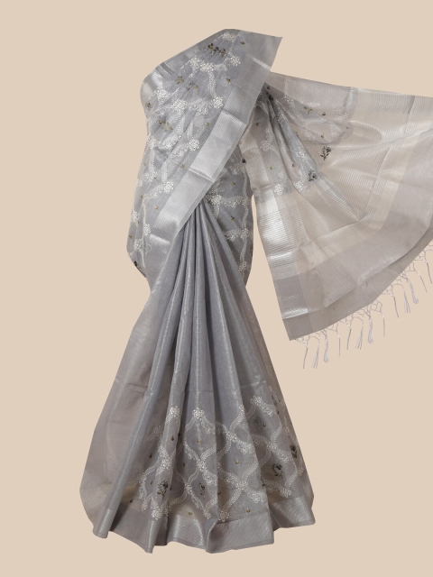 

Pothys Grey & White Floral Zari Tissue Saree