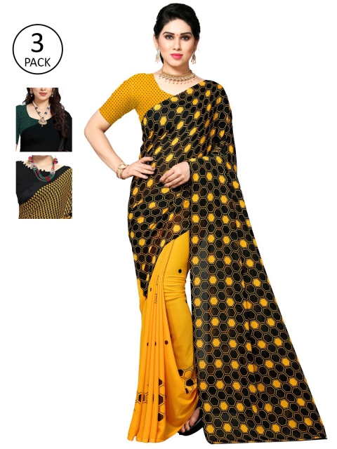 

KALINI Pack Of 3 Black & Yellow Poly Georgette Saree