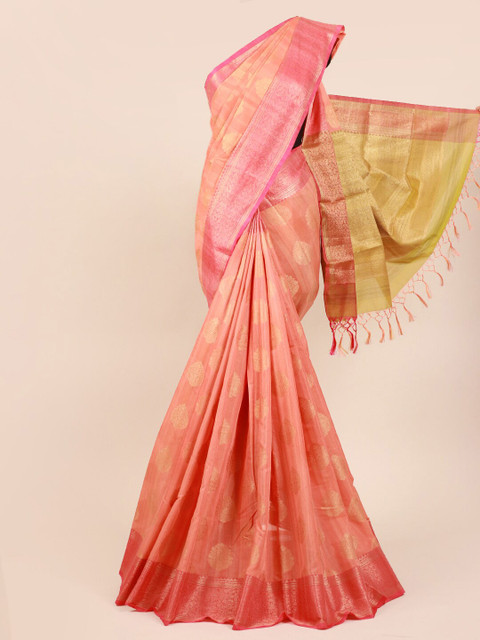 

Pothys Peach & Gold-Toned Woven Design Zari Cotton Blend Saree