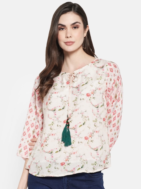 

Monte Carlo Beige & Pink Floral Tie-Up Neck Regular Top