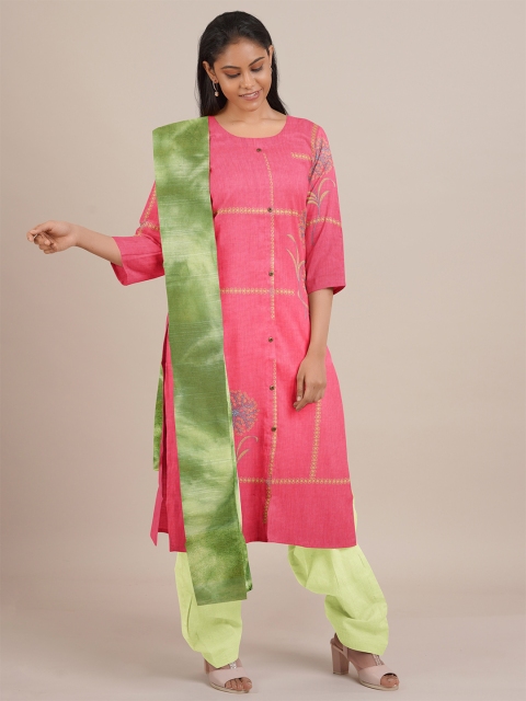 

Pothys Pink & Green Printed Unstitched Dress Material