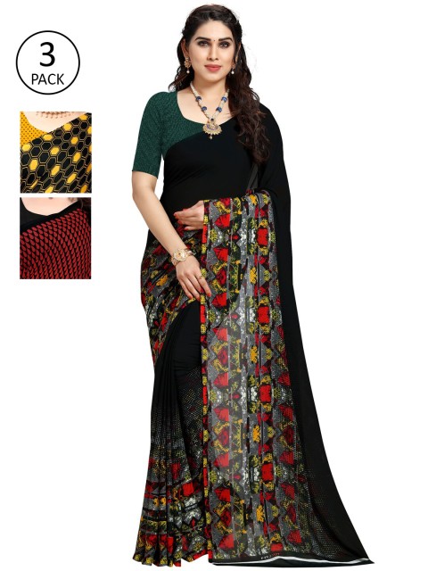

KALINI Pack of 3 Poly Georgette Sarees, Yellow