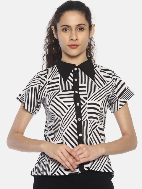 

COUPER & COLL Women White & Black Striped Crepe Shirt Style Top