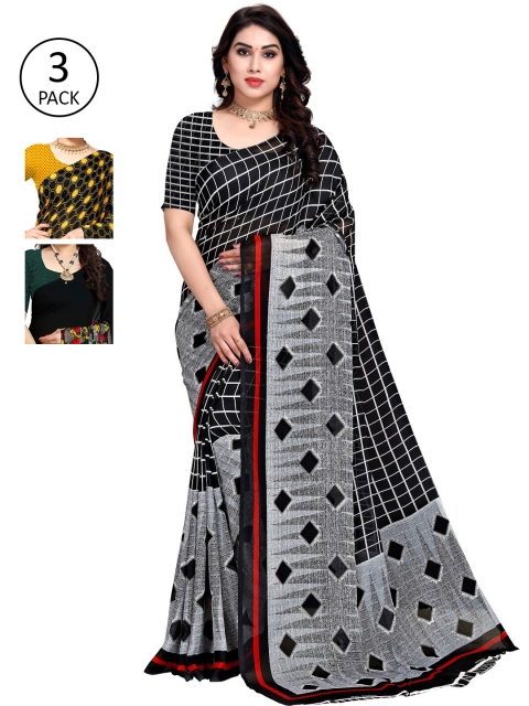 

KALINI Pack of 3 Poly Georgette Printed Sarees, Mustard