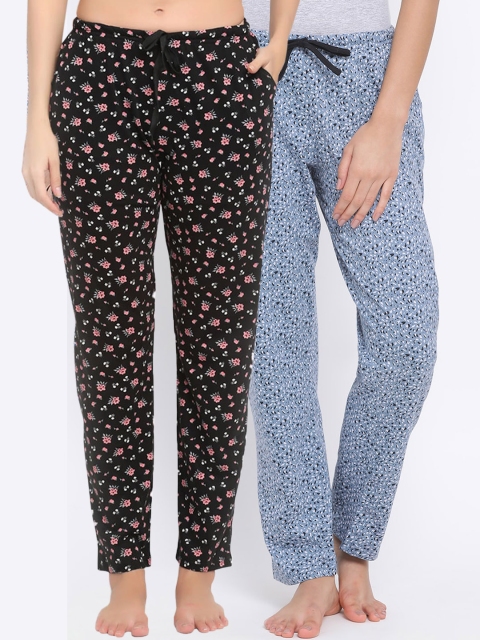 

Kanvin Women Pack Of 2 Printed Pure Cotton Lounge Pants, Black