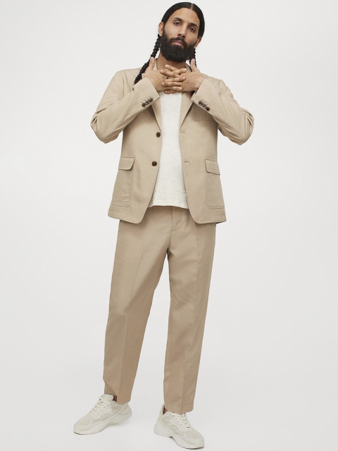 H&M Men Beige Cropped Cigarette Trousers
