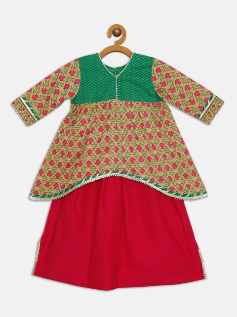 

LIL PITAARA Girls Green and Red Dyed Pure Cotton Kurta with Skirt