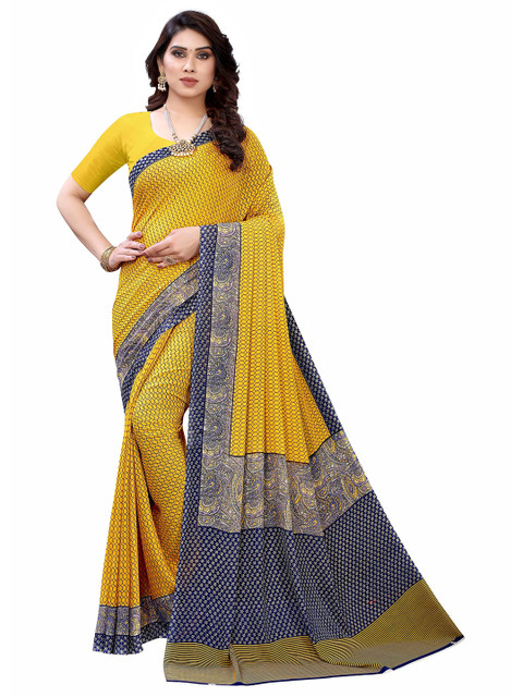 

KALINI Yellow & Navy Blue Poly Georgette Saree