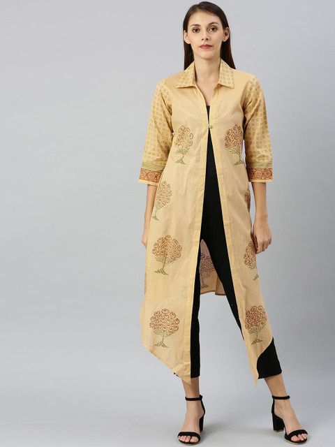 

Shakumbhari Women Yellow Hand Block Printed Lightweight Longline Tailored Jacket