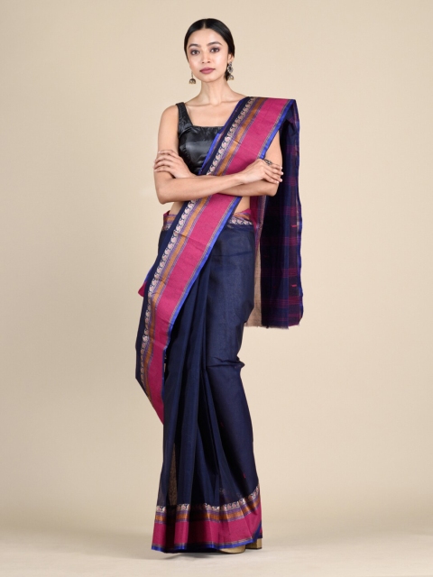 

Mitera Navy Blue & Pink Woven Design Zari Pure Cotton Taant Saree
