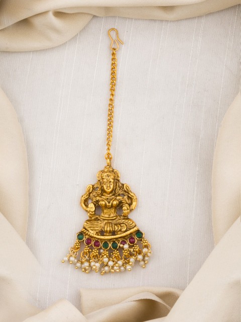 

Alankruthi Gold-Plated Pink & Green Stone-Studded & Beaded Handcrafted Lakshmi Maang Tikka