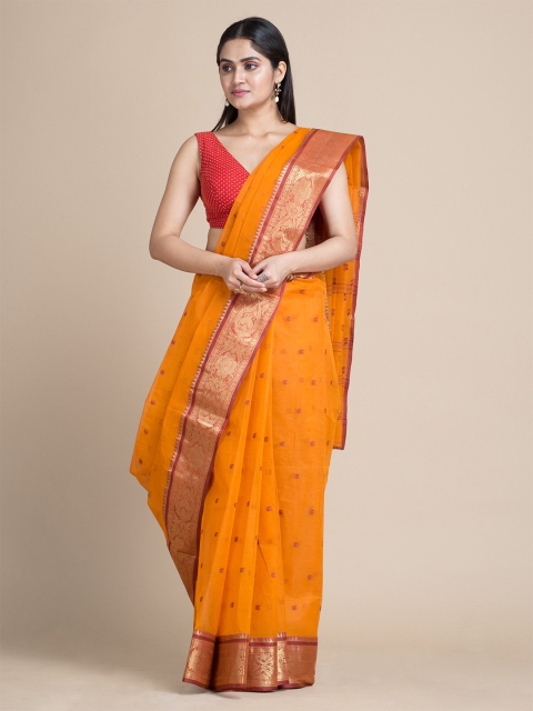 

Mitera Orange & Red Paisley Pure Cotton Taant Saree