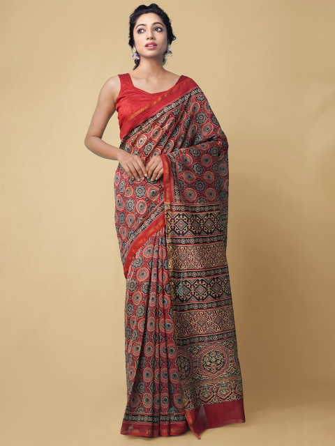 

Unnati Silks Red & Beige Woven Design Zari Silk Cotton Chanderi Saree