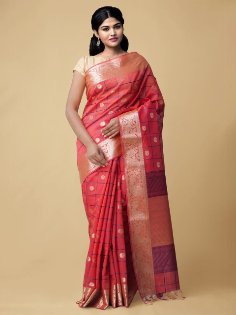 

Unnati Silks Red & Gold-Toned Woven Design Zari Silk Cotton Handloom Saree