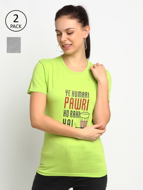 

VIMAL JONNEY Women Lime Green & Grey Typography 2 Printed T-shirt
