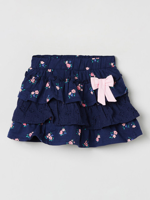 

max Girls Blue & Pink Floral printed Tiered Pure Cotton Skirt