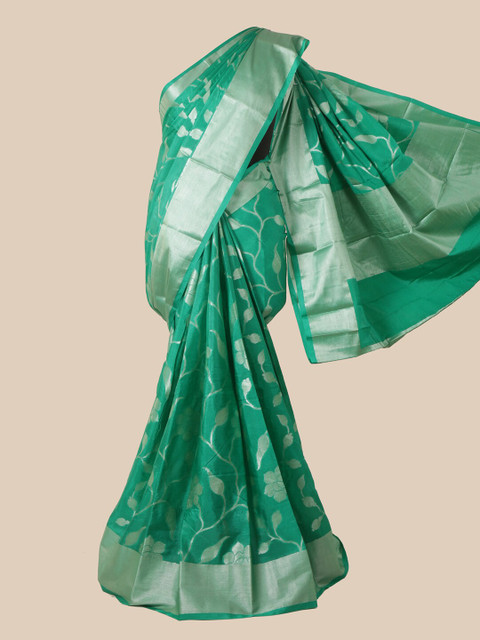 

Pothys Sea Green & Silver-Toned Floral Silk Blend Saree