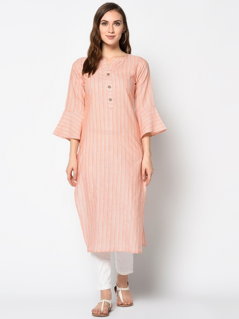 

Kvsfab Women Peach Striped Flared Sleeves Thread Work Kurta