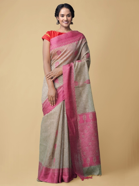 

Unnati Silks Grey & Pink Floral Silk Cotton Handloom Saree