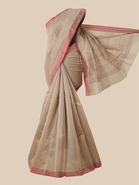 

Pothys Tan & Red Chanderi Cotton Saree