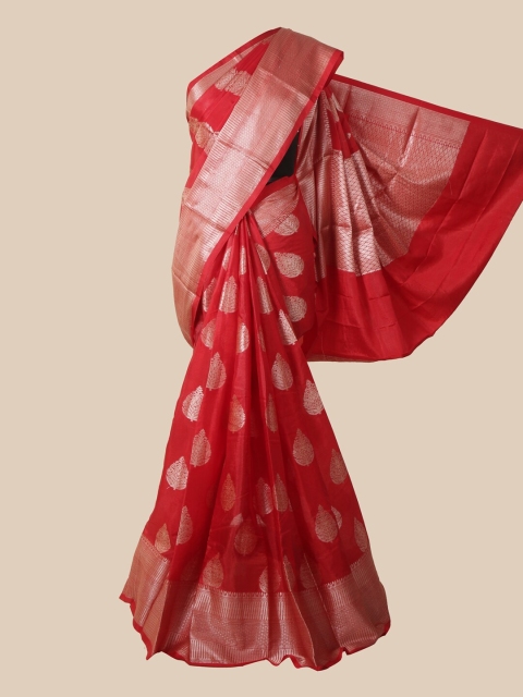 

Pothys Red & Silver-Toned Ethnic Motifs Zari Silk Blend Saree
