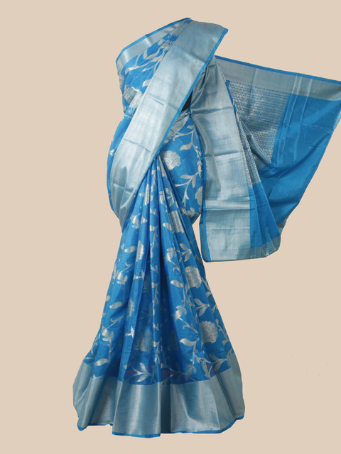 

Pothys Blue & Silver-Toned Woven Design Zari Silk Blend Saree