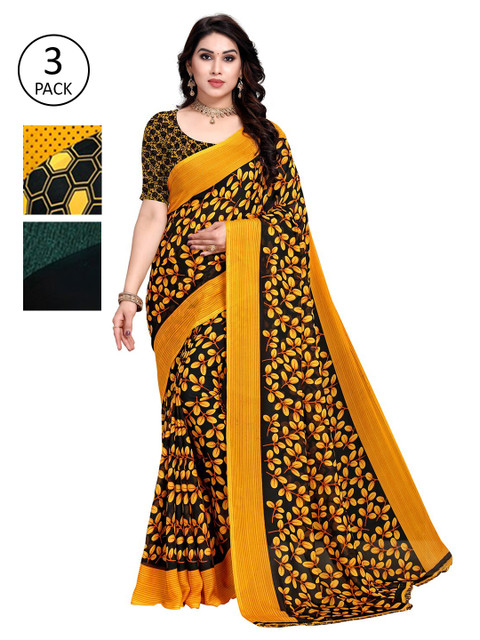 

KALINI Pack of 3 Poly Georgette Saree, Yellow