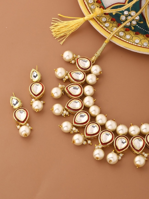 

Fabstreet Gold-Plated White & Red Kundan-Studded & Pearl Beaded Meenakari Jewellery Set