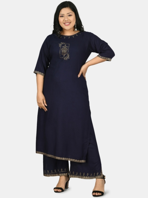 

DesiNoor.com Women Navy Blue 7 Gold Embroidered Kurta with Palazzos
