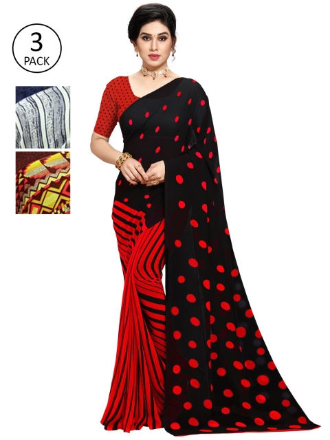 KALINI Pack of 3 Poly Georgette Printed Sarees, Red