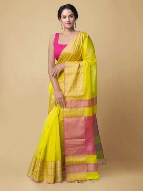 

Unnati Silks Green Silk Cotton Handloom Maheshwari Saree