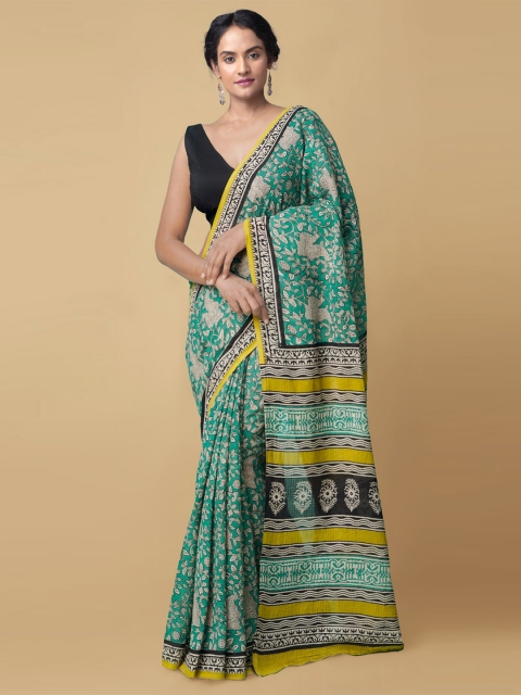 

Unnati Silks Women Green & Brown Pure Bagru Printed Kota Cotton Sustainable Saree