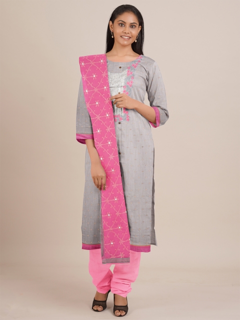 

Pothys Grey & Pink Embroidered Unstitched Dress Material