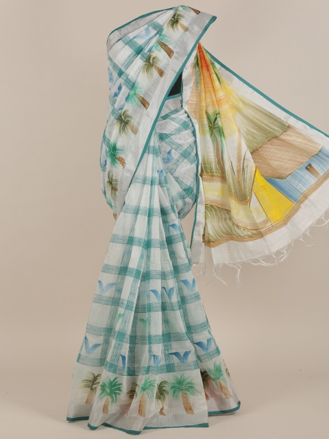 

Pothys White & Blue Checked Zari Cotton Blend Saree