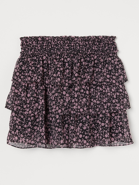 

H&M Women Black & Pink Printed Tiered Chiffon Skirt