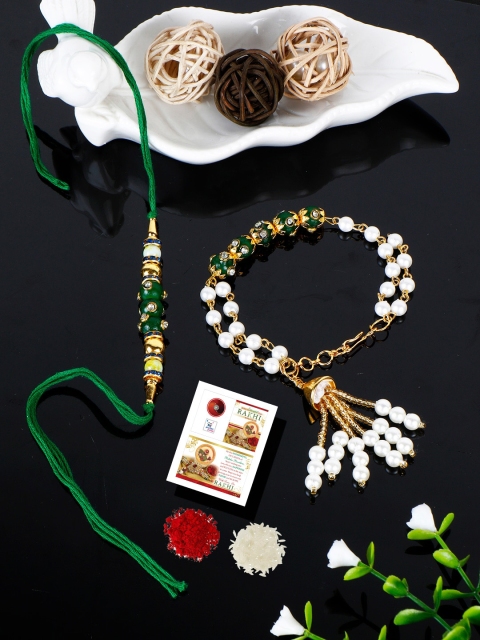 

PASSION PETALS Green Bhaiya Bhabhi Rakhi Set With Card And Roli Chawal