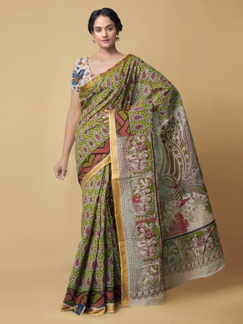

Unnati Silks Green & Red Kalamkari Pure Cotton Kanjeevaram Handloom Saree