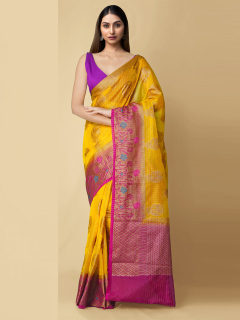 

Unnati Silks Yellow & Pink Floral Woven Design Handloom Jamdhani Banarasi Sico Saree