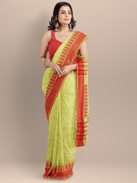 

BharatSthali Green & Rust Striped Pure Cotton Mangalagiri Handloom Saree