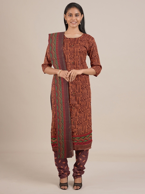 

Pothys Brown & Green Printed Unstitched Dress Material