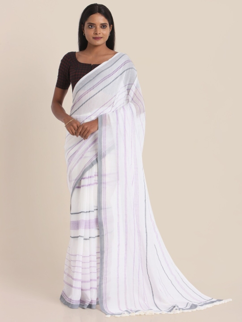 

Suta White Striped Handblock Printed Cotton Blend Saree