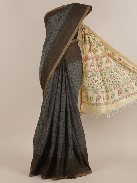 

Pothys Grey & Green Ethnic Motifs Cotton Blend Saree