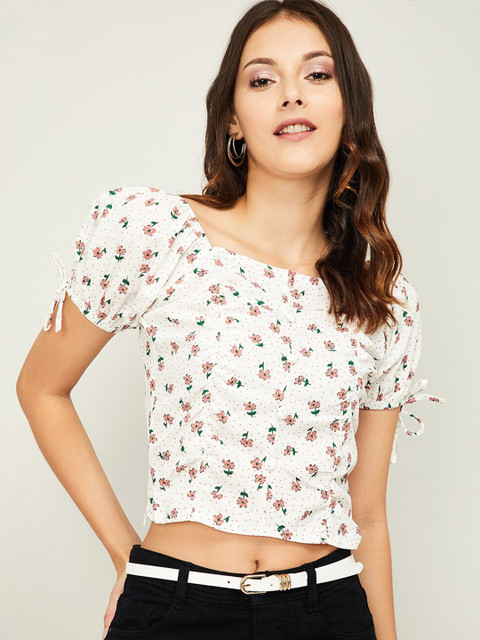 

Ginger by Lifestyle White Floral Puff Sleeve Regular Crop Top