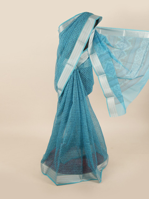 

Pothys Blue & Silver-Toned Printed Saree