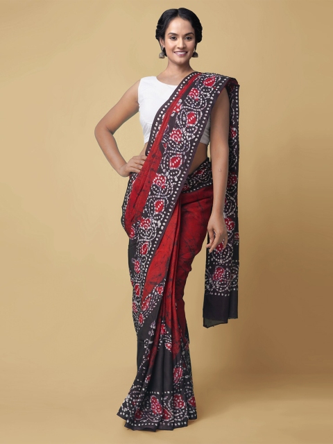 

Unnati Silks Maroon & Black Batik Silk Blend Block Print Saree