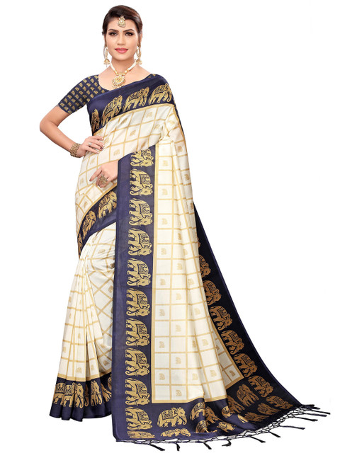 

KALINI Women Navy Blue & Gold-Toned Checked Ethnic Motifs Embellished Saree