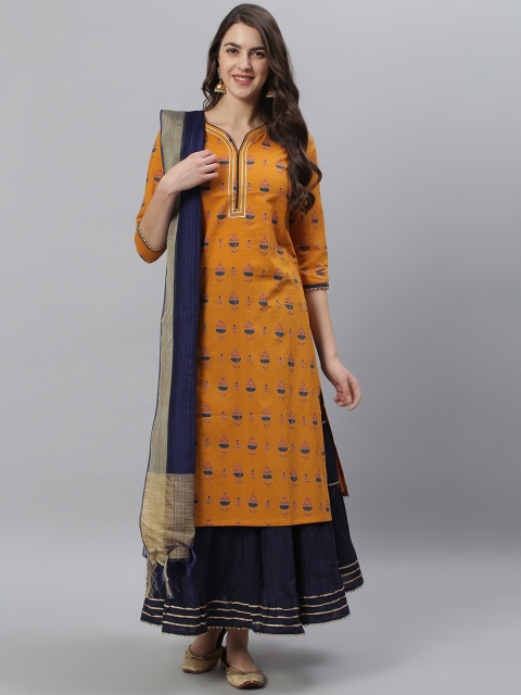 

Azira Women Mustard Ethnic Motifs Embroidered Pure Cotton Kurti with Skirt & With Dupatta