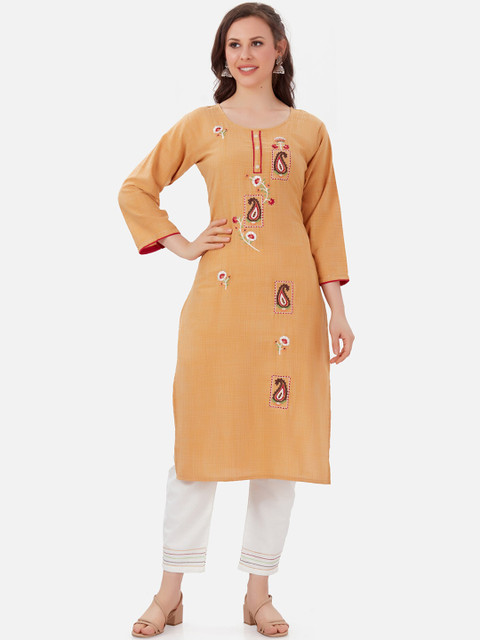 

Kiana Women Orange Paisley Embroidered Pure Cotton Kurta with Trousers