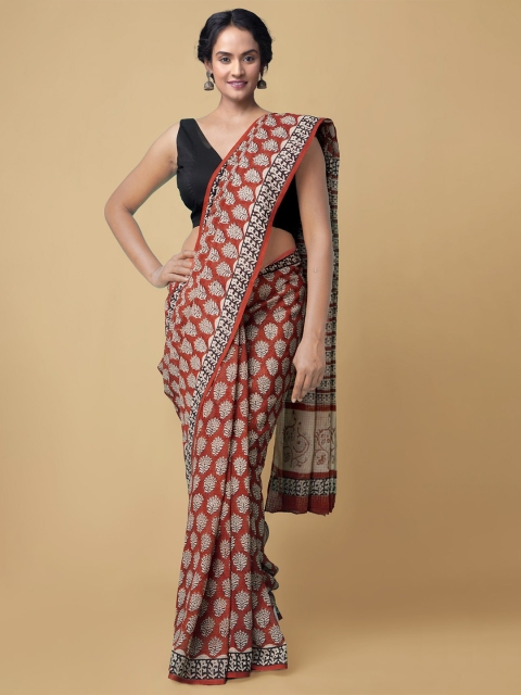 

Unnati Silks Women Red & White Pure Bagru Printed Kota Cotton Sustainable Saree