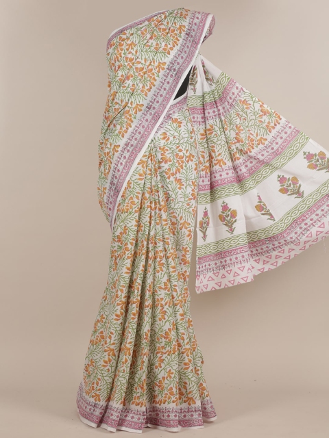 

Pothys White & Green Floral Jaipur Cotton Saree